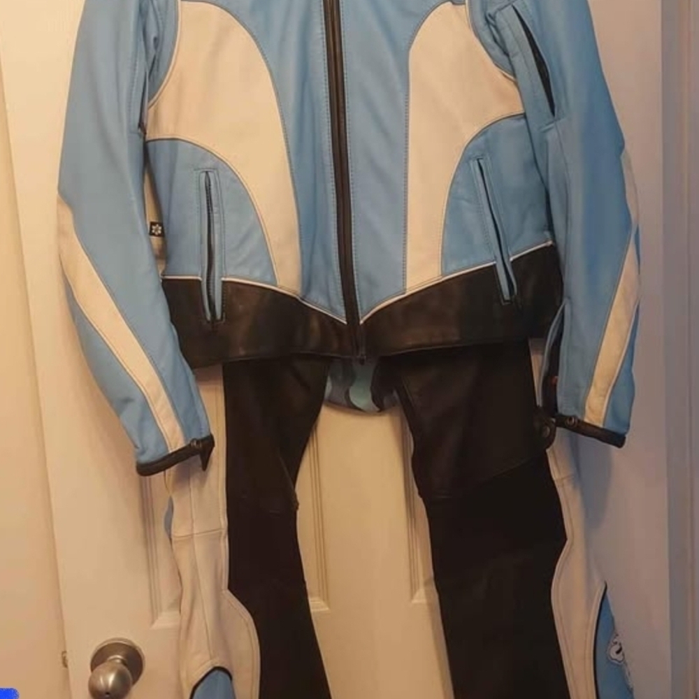 Blue and White Motorcycle Jacket and Pants Set